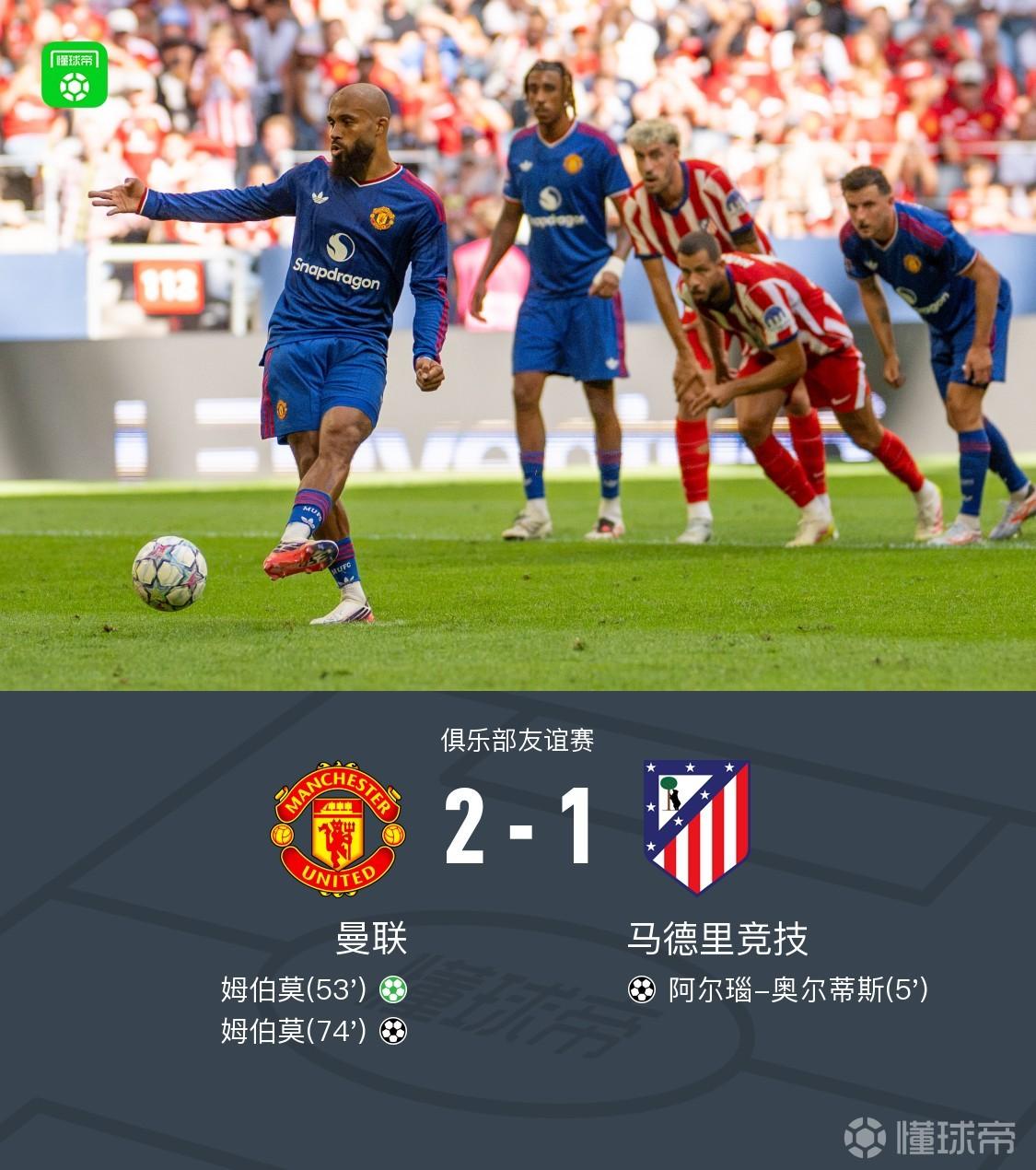 曼联2-1逆转马竞,姆伯莫双响,奥尔蒂斯建功,莱西造点