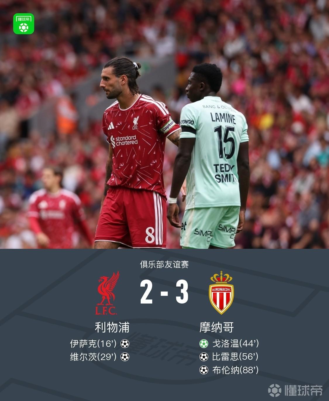 利物浦连丢三球2-3摩纳哥,布伦纳绝杀,伊萨克传射难救主